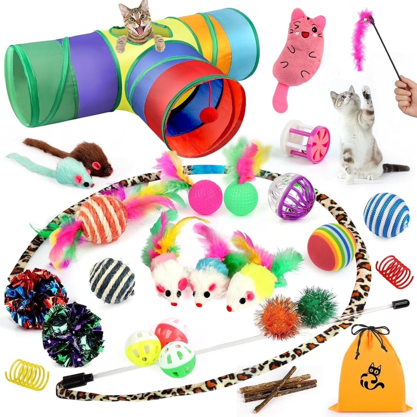 32 piece interactive cat toy variety pack with crinkle balls and feathers